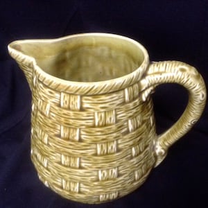 Digoin Sarregeumines Olive Green Ironstone Pitcher/ Jug - Basket Weave Design from the 1950&#39;s