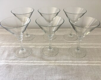 Copas de cóctel Martini, vidrio transparente, bola transparente en la parte superior del tallo, cristalería italiana genuina, (Martini), juego de seis, vintage