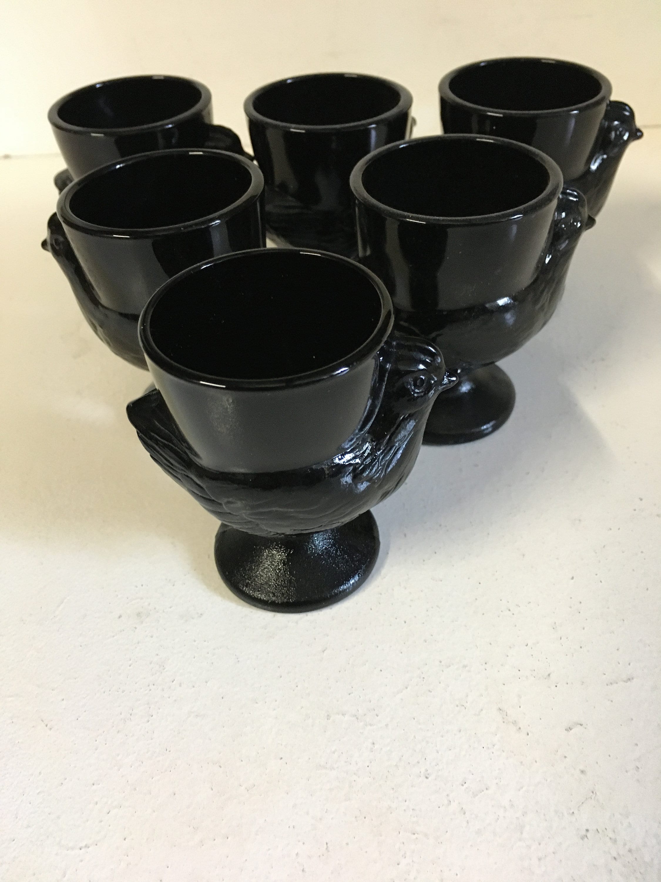 Luminarc Chick/Hen Egg Cups, Black Glass, Set Of Six, Années 1970