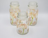 Vintage Anchor Hocking Floral Glass canister set of 3, Fall decor glass jar set, Candy Corn color jars Vintage fall decor storage jars