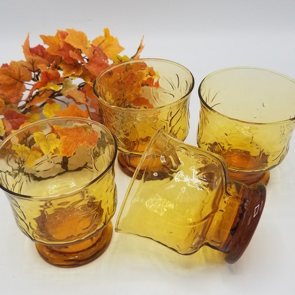 Vintage Libbey Amber Country Garden glassware set of 4  LowBall footed amber barware Vintage Libbey glassware, retro glassware