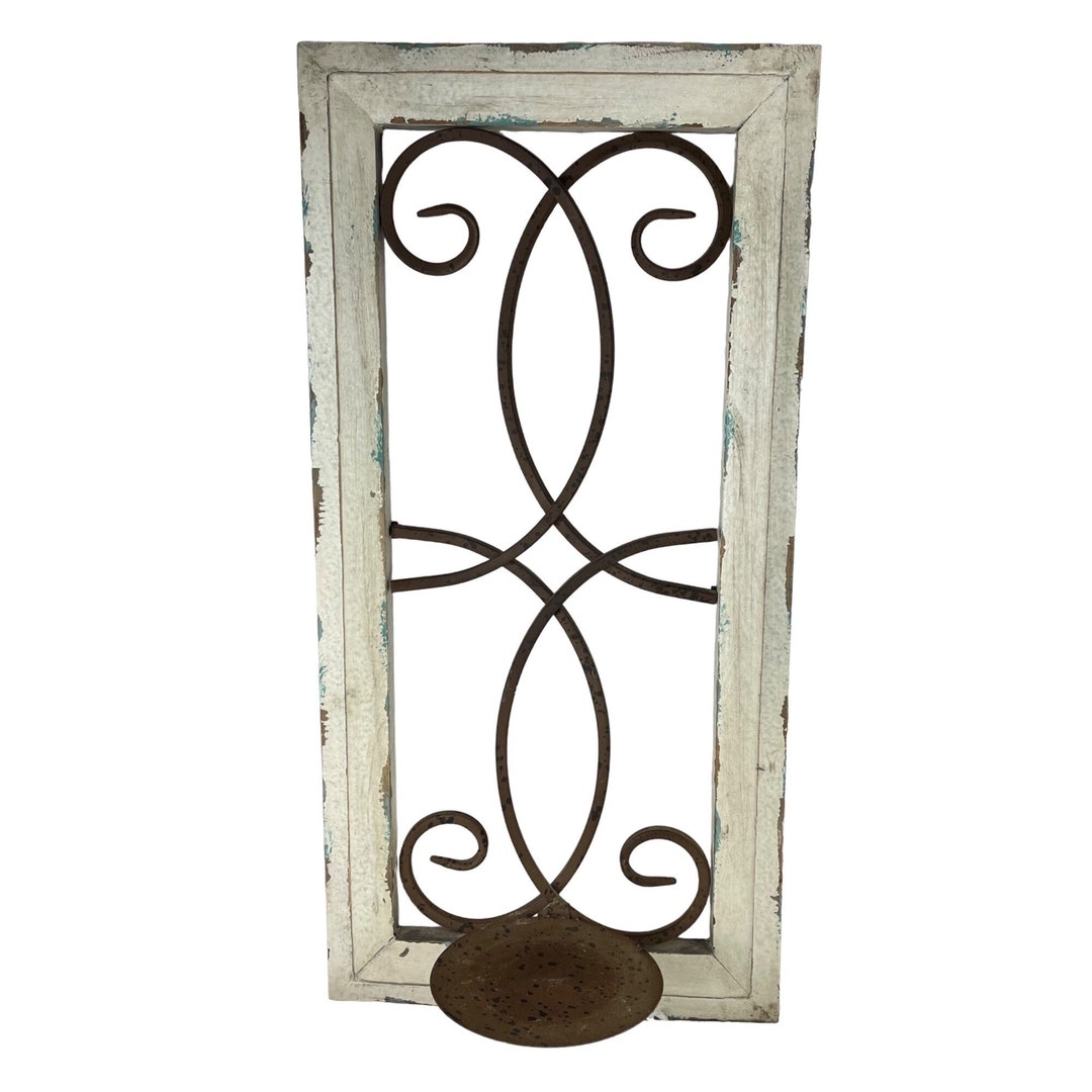 Vintage Large Wood Framed Metal Wall Sconce Candle Holder Distressed
