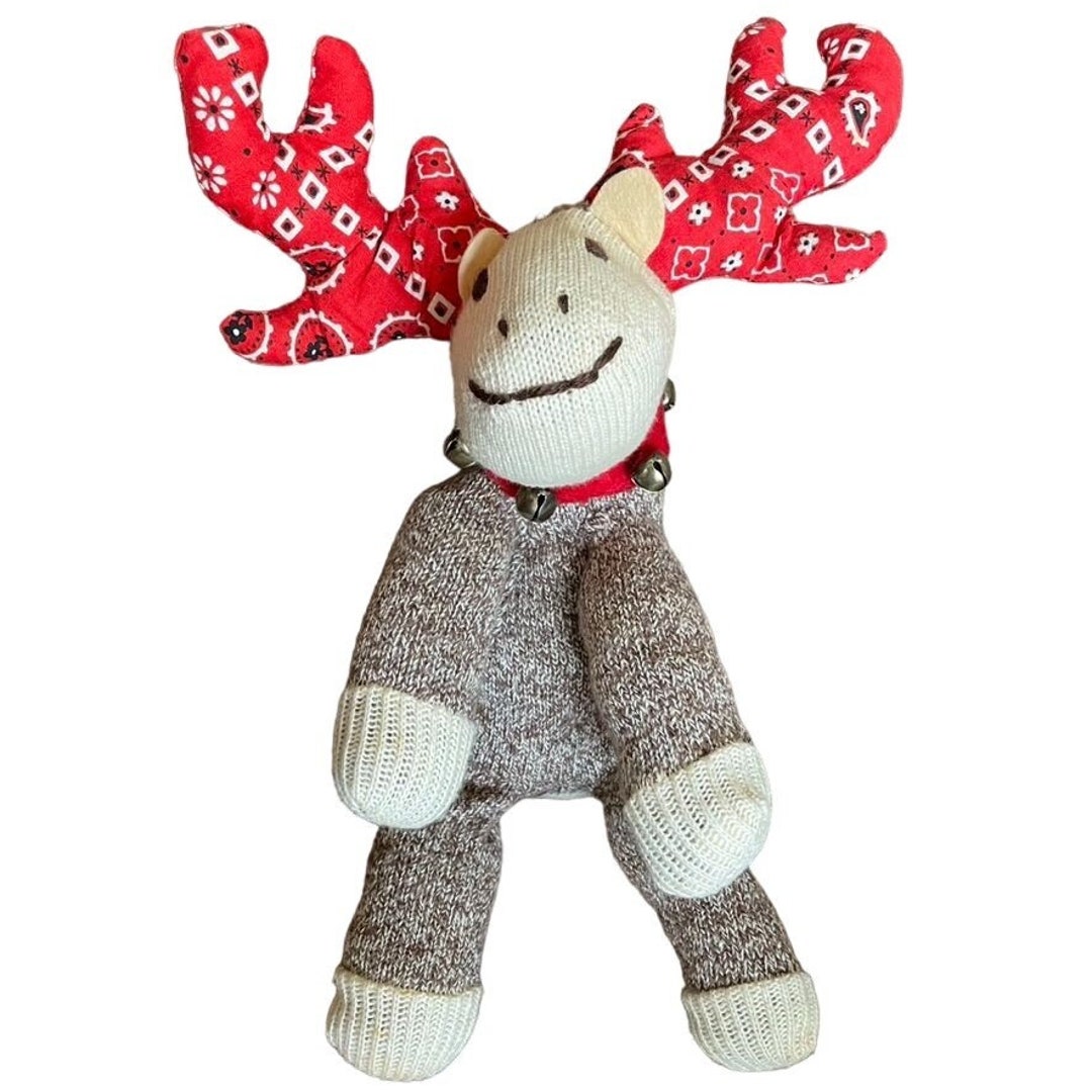 Vintage Sock Monkey Christmas Reindeer Plush With Bell Collar Sits