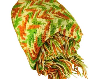 Handmade Crochet Blanket Afghan Large Zig Zag Chevron Multi Color Vintage 70s  u