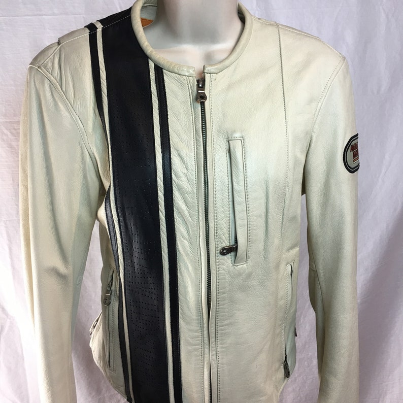 Harley Davidson White Leather Racing Jacket Women Small Black Stripe Cool Coat