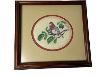 Framed Cross Stitch Bird Art Wood Frame Handmade Vintage Wall Decor Cottage Style