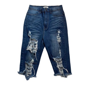 Vintage Damen Aphrodite Crop Denim Blau Mom Jeans Hose Distressed High Rise u Größe 13 ausgefransten Saum