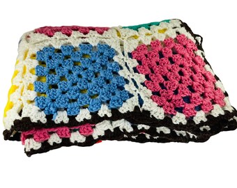 Vintage Crochet Afghan Blanket Colorful Granny Square Throw 76 x 50 u