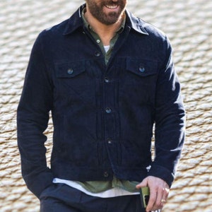 Veste en daim bleu marine véritable pour homme, style classique, veste en jean en daim, chemise camionneur en daim, veste de célébrité, cadeau pour lui MSJ43