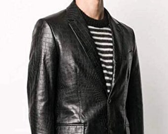 Handmade Lambskin Leather Blazer: Crocodile Embossed Print
