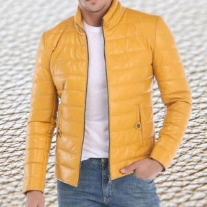 Men Handcrafted Yellow Puffer Leather Jacket Classy Quilted Jacket Racing Puffer Jacket Cafe Racer Rider Leather Jacket Gift For Him MPJ4a