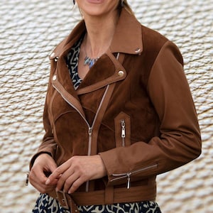 Lambskin Women Dark Brown Suede Leather Jacket Motorcycle Biker Suede Leather Jacket Soft Suede Leather Jacket With Zipper & Pocket WSJ20