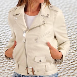 Véritable cuir d'agneau crème fabriqué à la main café racer motard veste en cuir pour femme cadeau de noël veste en cuir doux élégant veste en cuir WMJ3