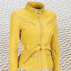 Women Real Lambskin Yellow Motorcycle Leather Jacket Belted Style Riding Leather Jacket Stylish Outwear Leather Jacket WMJ47