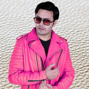 Veste en cuir rose pour homme en peau d'agneau, veste décontractée et élégante, veste en cuir d'hiver, style matelassé, coupe slim, veste en cuir de motard MLJ3a