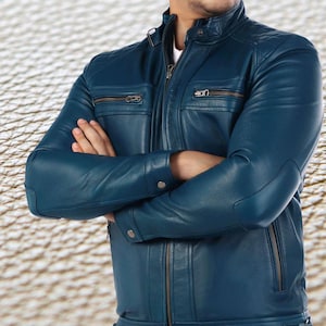 Veste en cuir d'agneau bleu véritable doux pour homme Veste classique coupe slim avec fermeture à glissière et poche Veste de mode décontractée Veste de soirée MCJ4a
