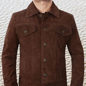 Handgefertigte Trucker Jacke aus Lammleder und Wildleder in Dunkelbraun im Western Style
