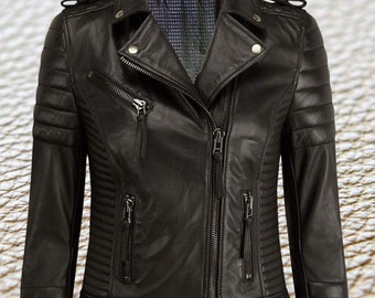 Genuine 100%Lambskin Women Black Leather Jacket Handmade Motorcycle Stylish Slim fit Biker Leather Jacket Quilted Designer Biker Jacket WBJ3