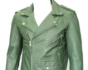 New Men's Guinuine Lambskin Leather Jacket Green Biker Motorcycle leather Coat MMJ1