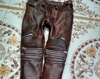 Handmade Lambskin Leather Biker Pants: Vintage Brown Multi-Zipper Design