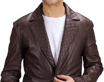 Men Brown Quilted Leather Blazer Party Wear Lambskin Stylish Fashion Blazer MB16