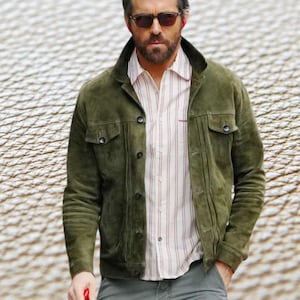 Lambskin Olive Green Suede Leather Jacket Trucker Denim Style Casual Jacket Celebrity Jacket Denim Style Cowboy Suede Leather Shirt MSJ42