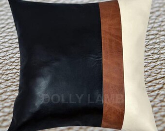 Color Block Leather Pillow Cover: Cognac Stripe Throw Cushion