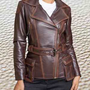 Veste femme en cuir d'agneau marron, motard, veste en cuir matelassée coupe slim avec ceinture, poche à glissière, cadeau de Noël pour elle WBJ4a
