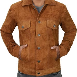 Trucker-Jacke aus Lammleder-Velourleder: Hellbrauner Denim-Stil
