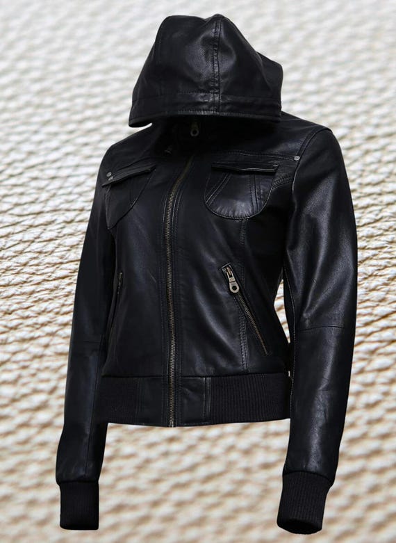 Handmade Lambskin Black Hooded Leather Jacket: Women's Motorcycle