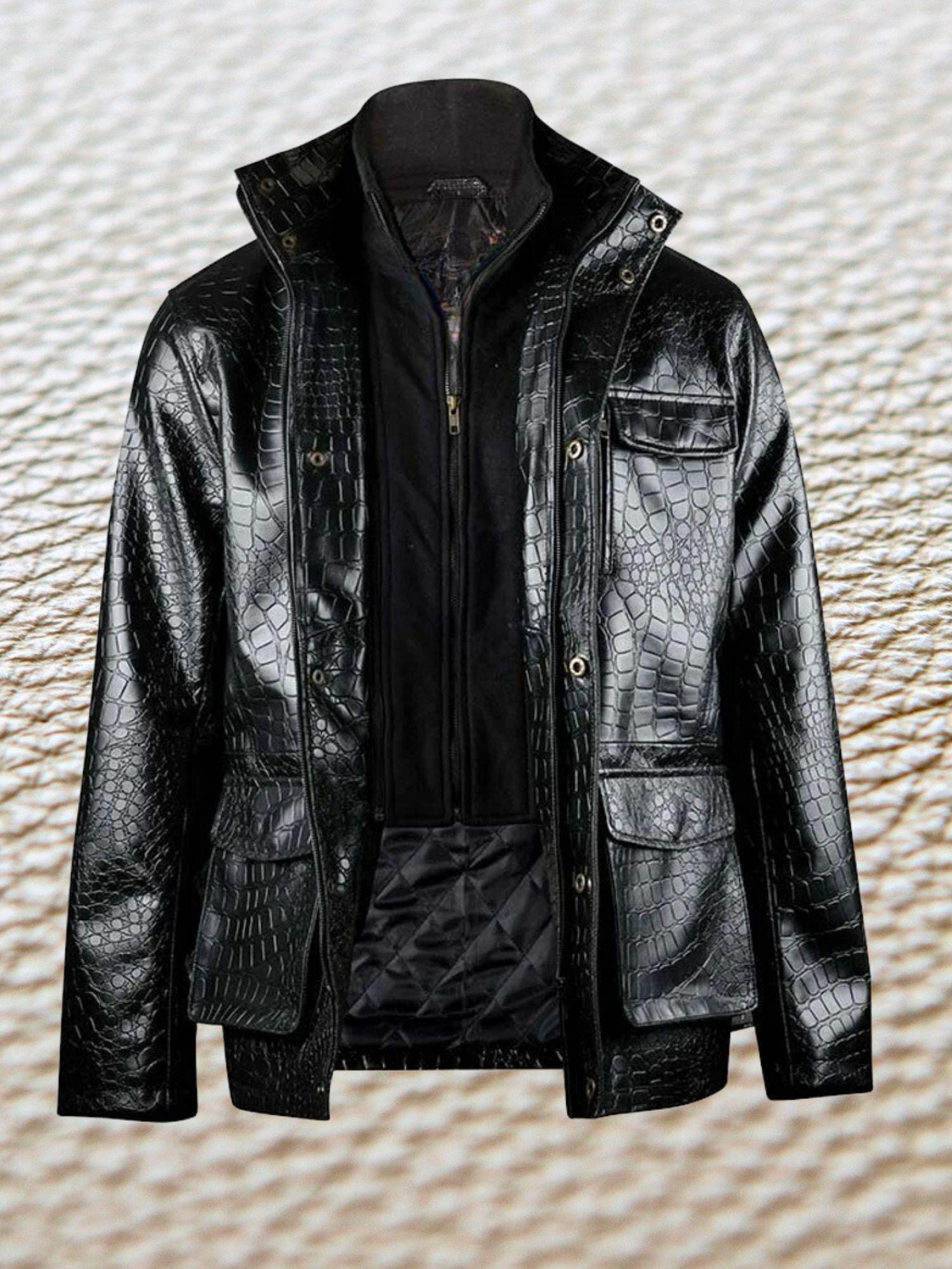 Men Black Crocodile Print Leather Short Trench Coat Double