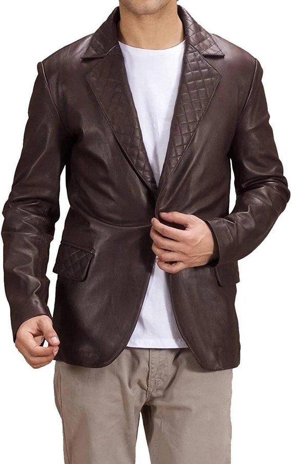Herren Braun Gesteppte Leder Blazer Party Wear Lammfell Stilvolle