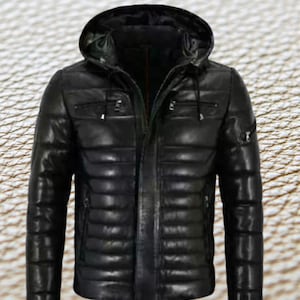 Véritable 100% cuir d'agneau noir matelassé veste à capuche élégante veste en cuir d'hiver pour vêtements de plein air et décontractés Veste MPJ1a