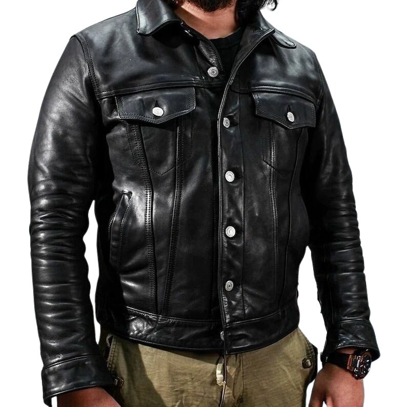 美品　A LEATHER TRUCKER JACKET サイズ56 Handmade Lambskin Leather Trucker Jacket: Mens Biker Cafe Racer