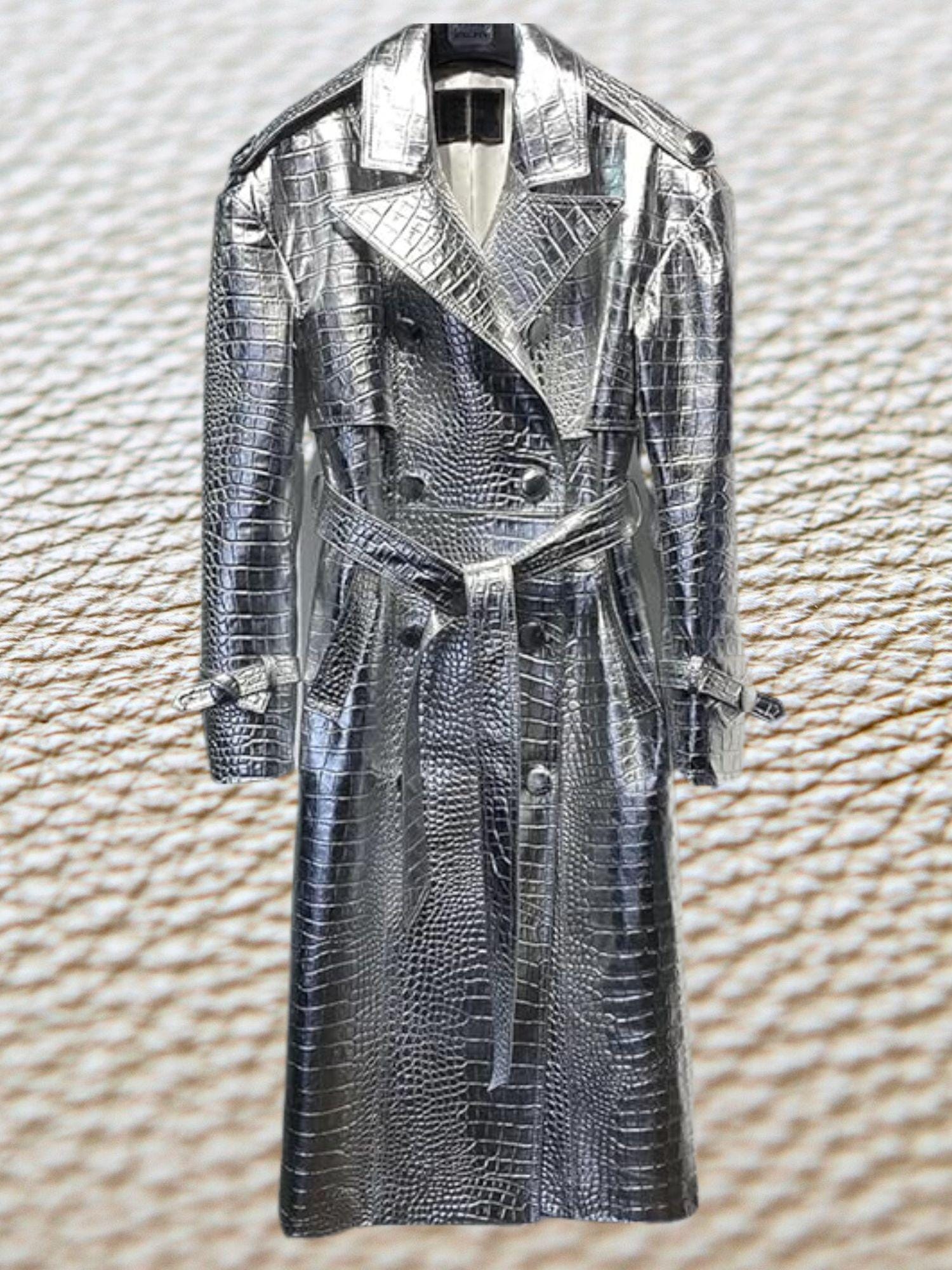 Metallic Silver Lambskin Trench Coat: Crocodile Print
