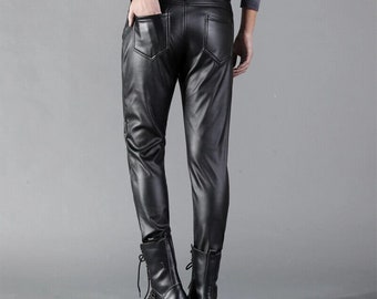 Men's Lambskin Leather Cargo Pants: Slim Fit Trousers