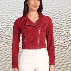 Women Cropped Red Suede Leather Jacket Slim Fit Short Jacket Western Leather Jacket Best Christmas Gift For Her Party Wear Crop Jacket WSJ5