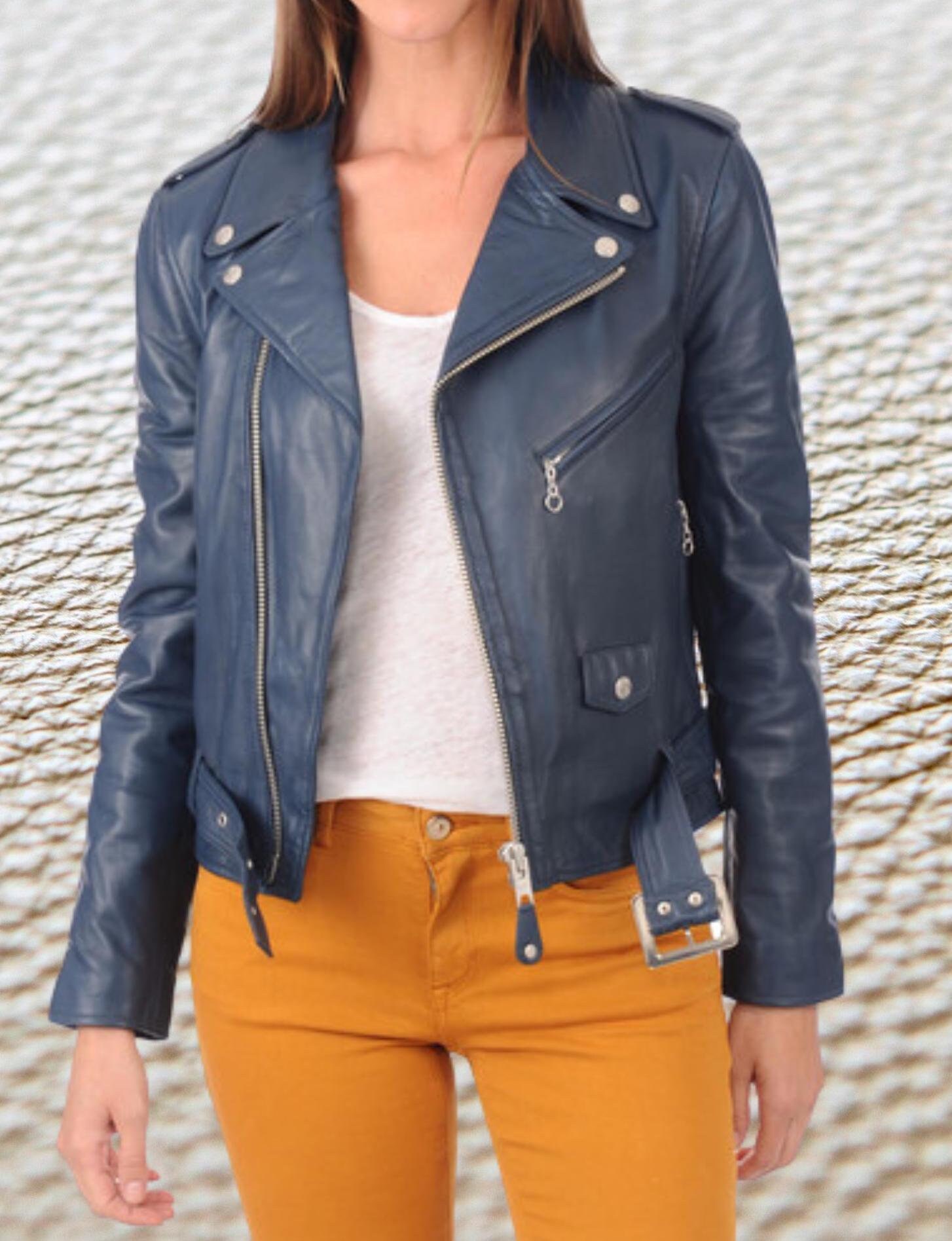 Women's 100% Real Lambskin Blue Leather Jacket Handmade Fit Leather Jacket Casual Outwear Travel Leather Jacket WMJ3a
