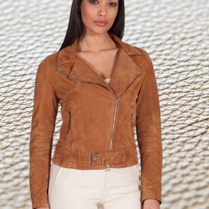 Handcrafted Women Motorcycle Biker Brown Suede Leather Jacket With Zipper Belt Pocket Soft Real Leather Suede Jacket Short Suede Jacket WSJ3