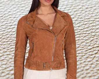 Braune Wildleder Bikerjacke: Damen Motorradjacke mit Gürtel