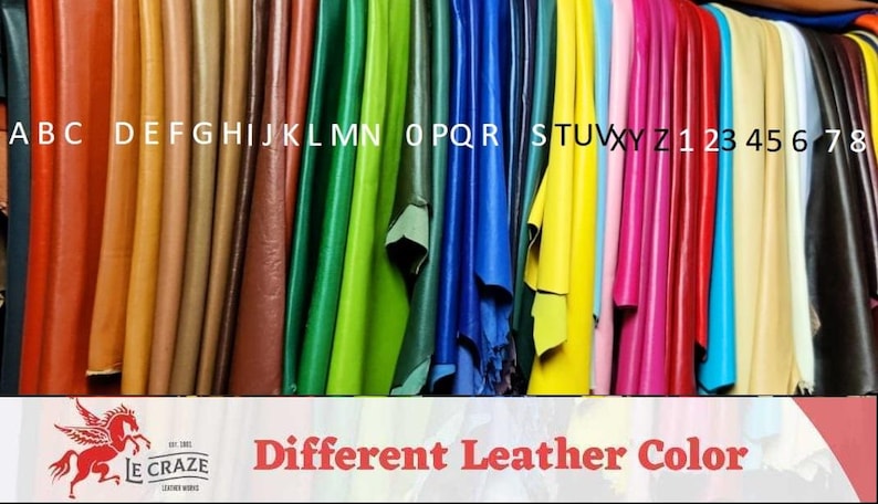 May include: A variety of leather swatches in different colors, labeled with letters and numbers. The text "Different Leather Color" is displayed below the swatches.