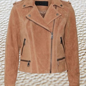 Women Genuine Soft Brown Suede Leather Jacket Cafe Racer Biker Suede Jacket With Zipper Pocket Western Style Suede Jacket Gift For Her WSJ16