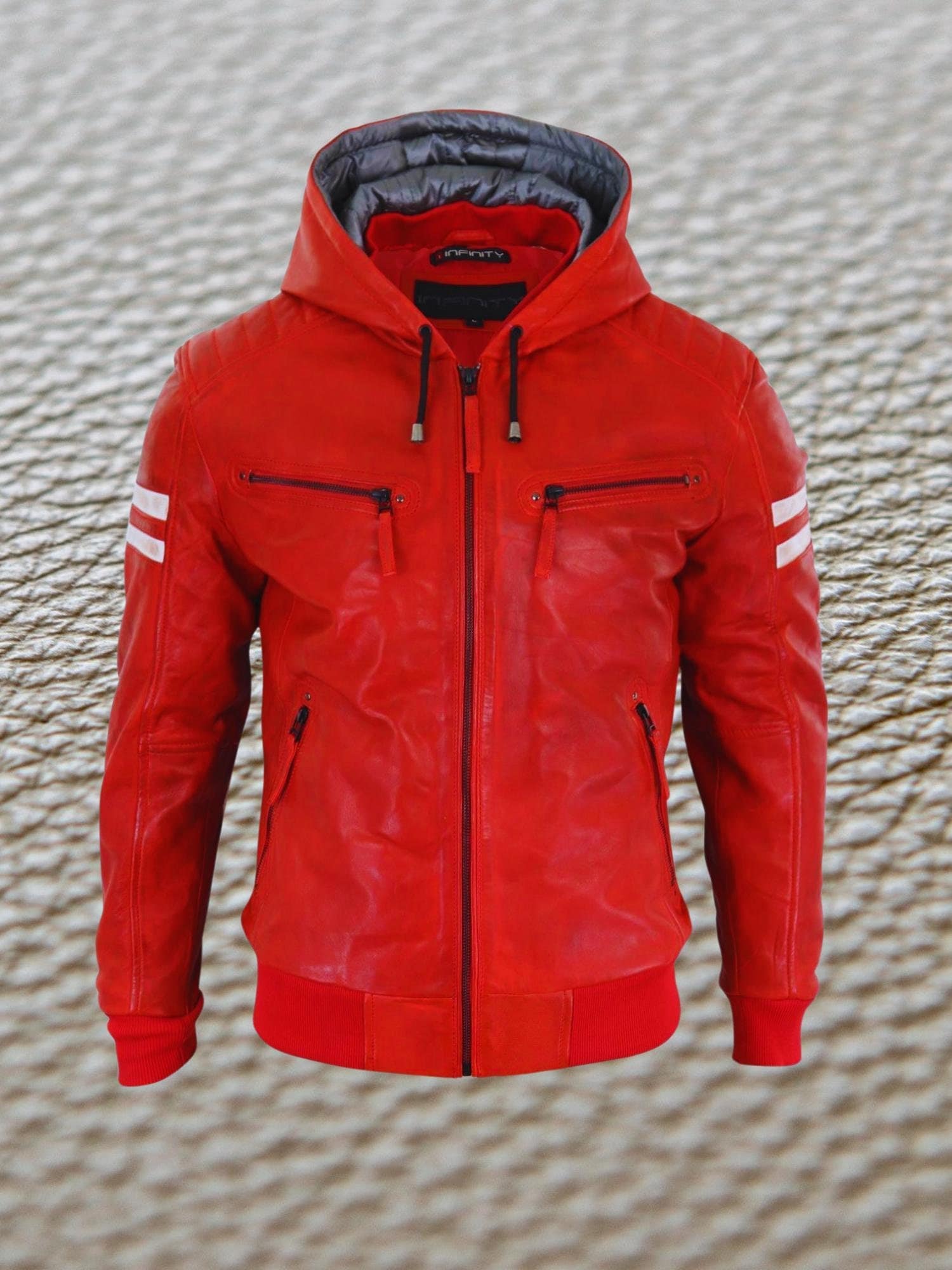 Handmade Lambskin Leather Bomber Jacket: Men's Red Hooded Outerwear