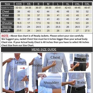 May include: A size chart for men's jackets, showing measurements in inches for different sizes, from XXS to 3XL. The chart includes measurements for chest, waist, hip, shoulder, sleeves, and length. The chart also includes a note about how to select the correct size based on your actual body measurements.