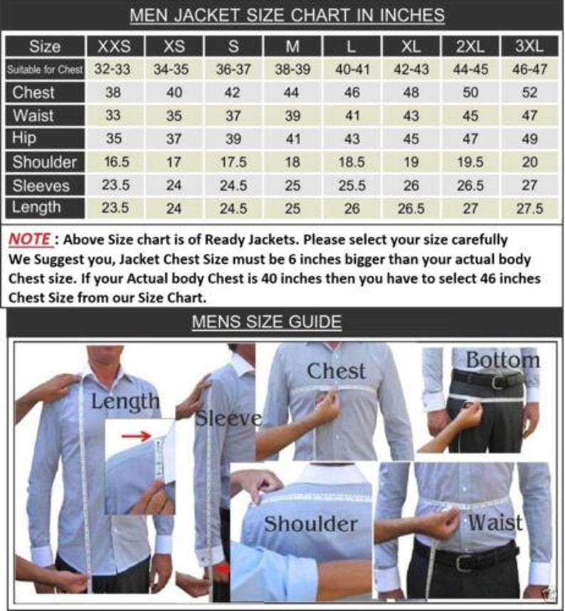 May include: A size chart for men's jackets, showing measurements in inches for different sizes, from XXS to 3XL. The chart includes measurements for chest, waist, hip, shoulder, sleeves, and length. The chart also includes a note about how to select the correct size based on your actual body measurements.