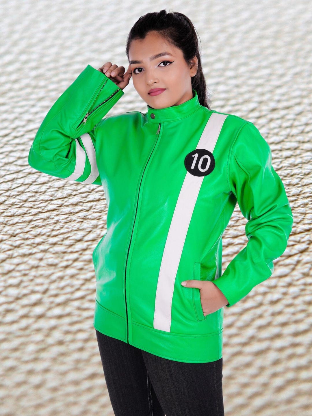 Genuine 100% Lambskin Women Green Ben 10 Leather Jacket Handmade Cartoon Theme Party Wear Jacket ...