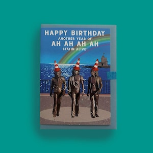 Tarjeta de cumpleaños con la estatua de la Isla de Man de los Bee Gees