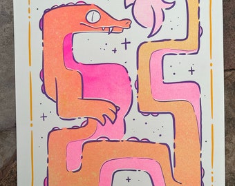 Pink Risograph Dragon Print