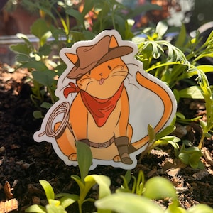 May include: A cartoon illustration of a cat wearing a cowboy hat, red bandana, and boots. The cat is holding a lasso in its paws and has a playful expression on its face.