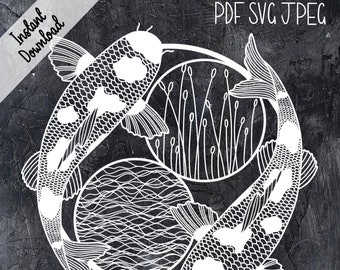 Japanese Koi Fish Papercutting Template - Papercut Pattern - Digital Download - SVG PDF JPG